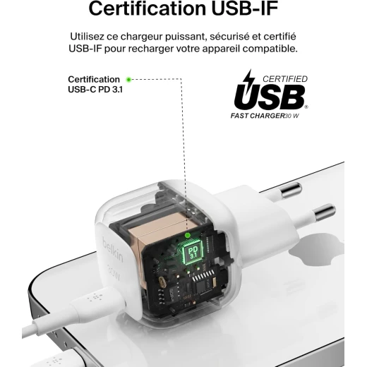 شاحن حائط بيلكين USB-C بقوة 30 واط: شحن سريع لأجهزة iPhone 15 والمزيد - بيلكين - Image 4