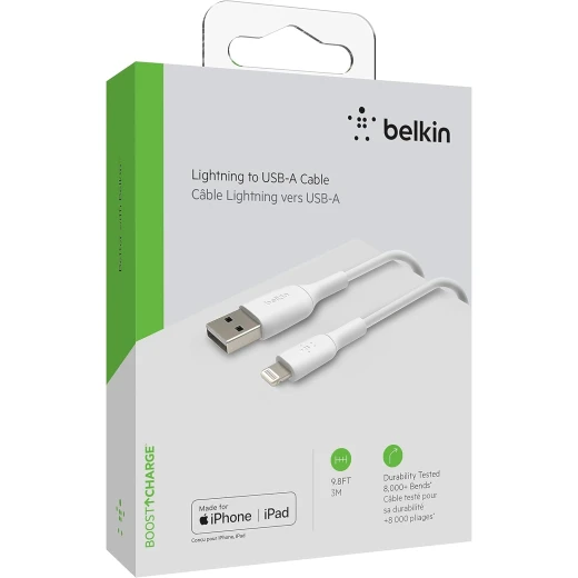 Belkin BoostCharge Lightning Cable - 9.8ft/3M - MFi Certified Apple iPhone Charger USB to Lightning Cable - iPhone Cable - iPhone Charger Cord - Apple Charger - USB Phone Charger - White - Belkin - Image 6