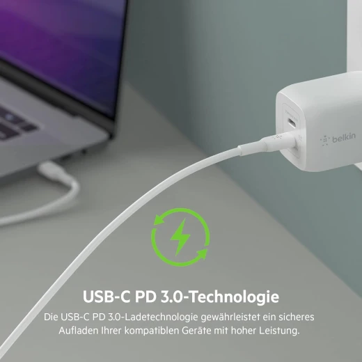Belkin 65W USB C Charger with 2 Ports, Fast Charging with Power Delivery 3.0 and GaN Technology for MacBook Pro, iPhone 17, iPhone Air, iPad, Galaxy S25, Pixel 10, Laptop, etc - White - Belkin - Image 3