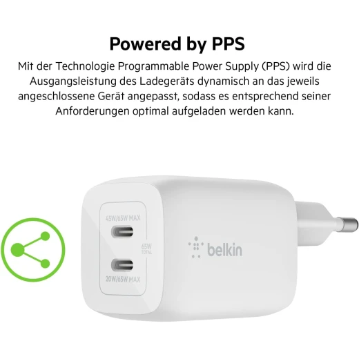 Belkin 65W USB C Charger with 2 Ports, Fast Charging with Power Delivery 3.0 and GaN Technology for MacBook Pro, iPhone 17, iPhone Air, iPad, Galaxy S25, Pixel 10, Laptop, etc - White - Belkin - Image 2