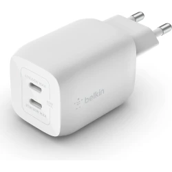 Belkin 65W USB C Charger with 2 Ports, Fast Charging with Power Delivery 3.0 and GaN Technology for MacBook Pro, iPhone 17, iPhone Air, iPad, Galaxy S25, Pixel 10, Laptop, etc - White