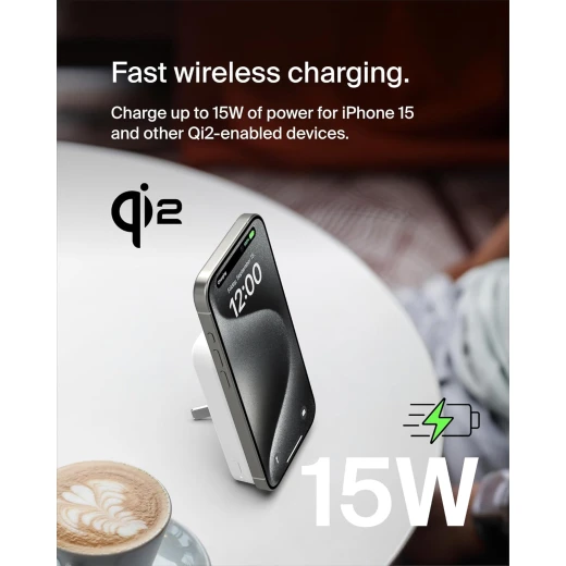 Belkin Portable Charger, Wireless Power Bank 15W 8000 mAh w/ Qi2 - MagSafe Charger w/Built-in Pop-up Kickstand - Compatible w/iPhone 17, Air, Pro, Pro Max, Google Pixel 10, etc. - White - Belkin - Image 3