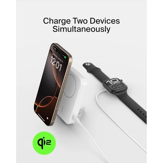 Belkin Portable Charger, Wireless Power Bank 15W 8000 mAh w/ Qi2 - MagSafe Charger w/Built-in Pop-up Kickstand - Compatible w/iPhone 17, Air, Pro, Pro Max, Google Pixel 10, etc. - White - Belkin - Image 6