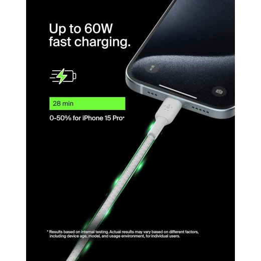 كابل بلكين بوست تشارج مضفّر من نوع USB-C إلى USB-C، بطول 1 متر، أبيض - بيلكين - Image 6