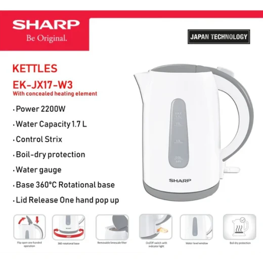 Sharp 1.7L Electric Kettle – 2200W – White – Fast Boiling with Cordless Design for Easy Use – Ideal for Preparing Tea and Coffee Quickly and Efficiently in the Kitchen - SHARP - Image 2