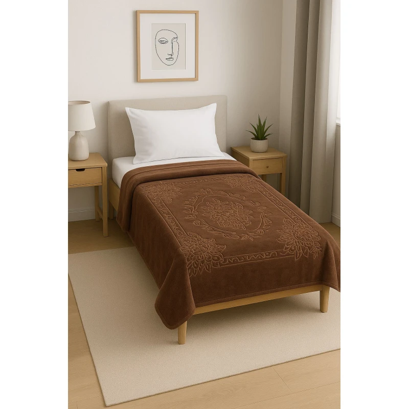 Embroidered velvet winter single blanket - 160 x 220 cm | Weight 2 kg, soft and warm, brown