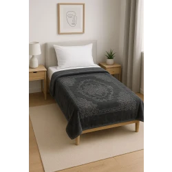 Embroidered velvet winter single blanket - 160 x 220 cm | Weight 2 kg, soft and warm, Dark Grey
