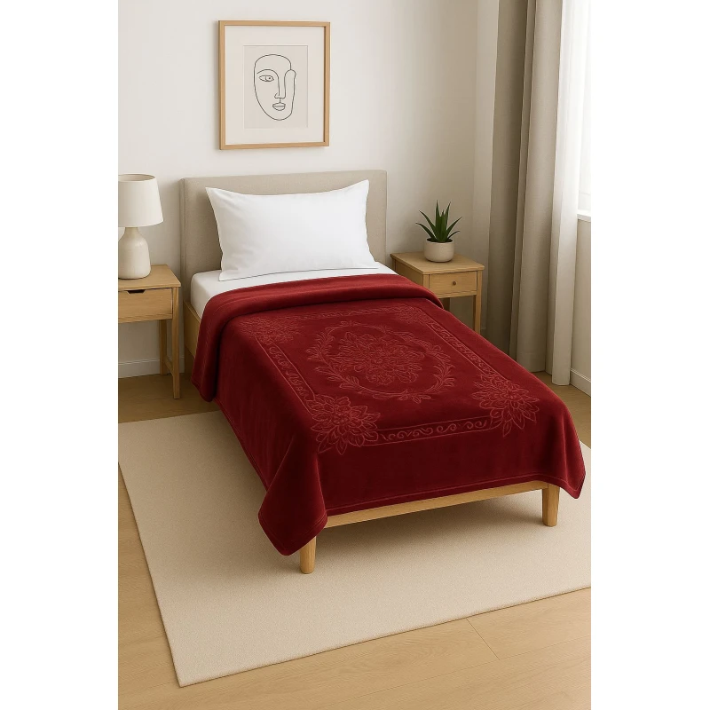 Embroidered velvet winter single blanket - 160 x 220 cm | Weight 2 kg, soft and warm, Burgundy