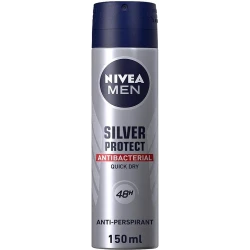Nivea Men Silver Protect Deodorant Spray 150ml - 48H Long-Lasting Odor Protection, Antibacterial Formula, Fresh & Clean Masculine Scent