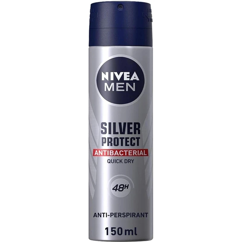 Nivea Men Silver Protect Deodorant Spray 150ml - 48H Long-Lasting Odor Protection, Antibacterial Formula, Fresh & Clean Masculine Scent - Nivea