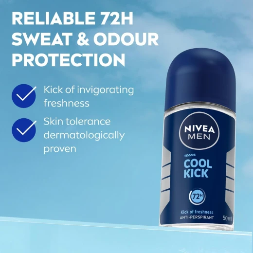 Nivea Men Cool Kick Deodorant Roll-On 50g, 48h Sweat & Odor Protection, Long-Lasting Freshness, Cool Menthol Scent, Quick-Drying Formula - Nivea - Image 6