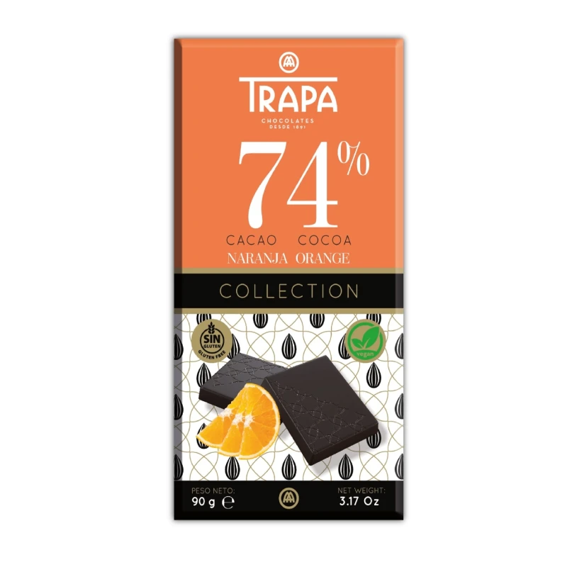 Trapa Collection Black 74% Orange Chocolate Bar 90g - Intense Flavor - Trapa