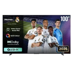 تلفزيون هيسنس 100Q7Q QLED بحجم 100 بوصة، يتميز بمعدل تحديث 144 هرتز وتقنية VRR، مصنوع من مواد متينة، يدعم HDR ووظائف التلفزيون الذكي، الأبعاد: مختلفة، الحجم: 100 بوصة، تشمل