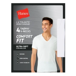 Hanes Men's Ultra Soft Cotton Modal V-Neck Undershirts, White, 4-Pack, Comfort Fit Large