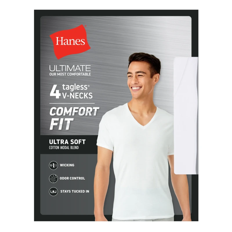 Hanes Men's Ultra Soft Cotton Modal V-Neck Undershirts, White, 4-Pack, Comfort Fit Large