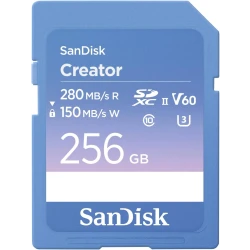 بطاقة ذاكرة SD Creator بسعة 256 جيجابايت، سرعات قراءة تصل إلى 280 ميجابايت/ثانية، مخصصة لكاميرات DSLR والكاميرات غير المزودة بمرآة، تدعم تصوير فيديو بدقة 4K UHD و6K، ​​فئة السرعة V60، تتضمن اشتراكًا مجانيًا لمدة شهر في Adobe Creative Cloud - SDSDXEP-256G-GNCIS من سان ديسك