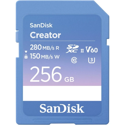 بطاقة ذاكرة SD Creator بسعة 256 جيجابايت، سرعات قراءة تصل إلى 280 ميجابايت/ثانية، مخصصة لكاميرات DSLR والكاميرات غير المزودة بمرآة، تدعم تصوير فيديو بدقة 4K UHD و6K، ​​فئة السرعة V60، تتضمن اشتراكًا مجانيًا لمدة شهر في Adobe Creative Cloud - SDSDXEP-256G-GNCIS من سان ديسك