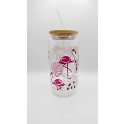 Timeless gifts, Flamingo-themed glass cup with a glossy pink lid, 550 ml,  1 piece