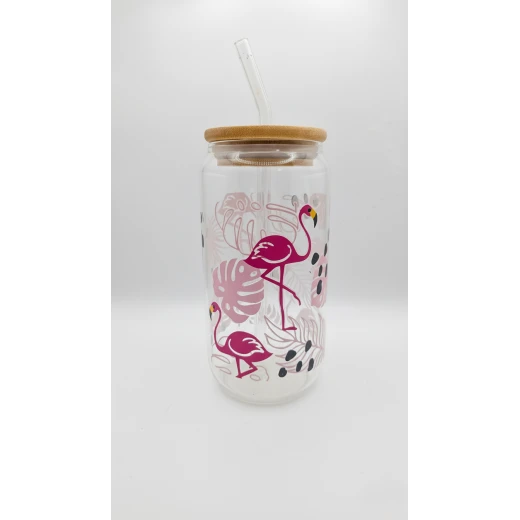 Timeless gifts, Flamingo-themed glass cup with a glossy pink lid, 550 ml, 1 piece Timeless gifts, Flamingo-themed glass cup with a glossy pink lid, 550 ml, 1 piece