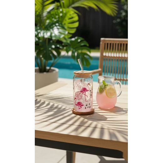 Timeless gifts, Flamingo-themed glass cup with a glossy pink lid, 550 ml,  1 piece - Timeless gifts - Image 2