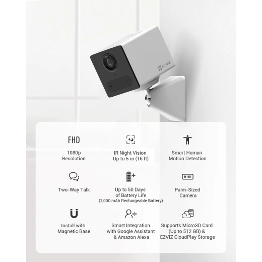 The EZVIZ CB2 Wi-Fi Smart Home Battery Camera offers wireless home security with 2K resolution, AI motion detection, two-way audio, color night vision, and flexible battery-powered placement - Ezviz - Image 2
