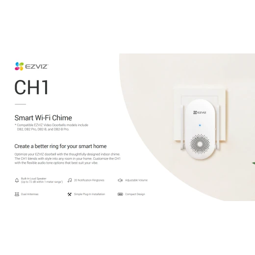 جرس EZVIZ الذكي CH1 عبر الواي فاي – جرس لاسلكي بصوت قابل للتعديل، نغمات متعددة، سهل التركيب ومتوافق مع أنظمة المنزل الذكي - إزفيز - Image 2