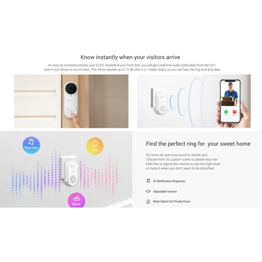 جرس EZVIZ الذكي CH1 عبر الواي فاي – جرس لاسلكي بصوت قابل للتعديل، نغمات متعددة، سهل التركيب ومتوافق مع أنظمة المنزل الذكي - إزفيز - Image 5
