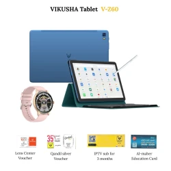 جهاز فيكوشا V-Z60 تابلت 10.1" IPS أندرويد 12، 128GB روم, أزرق | ساعة VIKUSHA V-70، واقي شاشة، قلم نشط، لوحة مفاتيح وغطاء، بطاقة تعليمية Al Maher، اشتراك IPTV 3 أشهر، قسيمة 10 دنانير