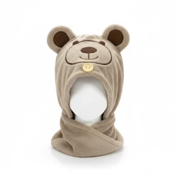 Kids’ cotton head towel with a charming bear hood, soft and comfy for everyday bath time. The coffee color adds a warm and cozy touch.
