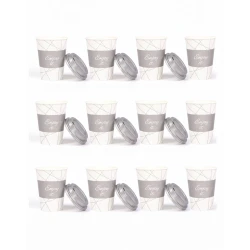 RZ Colored Gray Paper Cups 12 oz, 10-Pack with Printed Designs & Matching Lid, Elegant Party & Gathering Cups