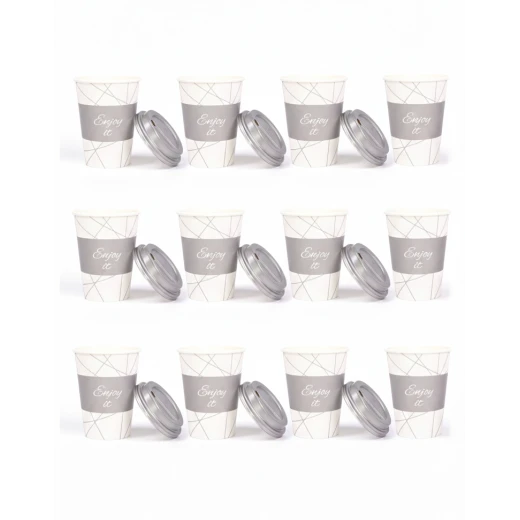 RZ Colored Gray Paper Cups 12 oz, 10-Pack with Printed Designs & Matching Lid, Elegant Party & Gathering Cups RZ Colored Gray Paper Cups 12 oz, 10-Pack with Printed Designs & Matching Lid, Elegant Party & Gathering Cups