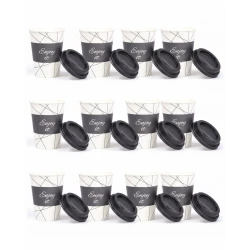 RZ Colored Black Paper Cups 12 oz, 10-Pack with Printed Designs & Matching Lid, Elegant Party & Gathering Cups