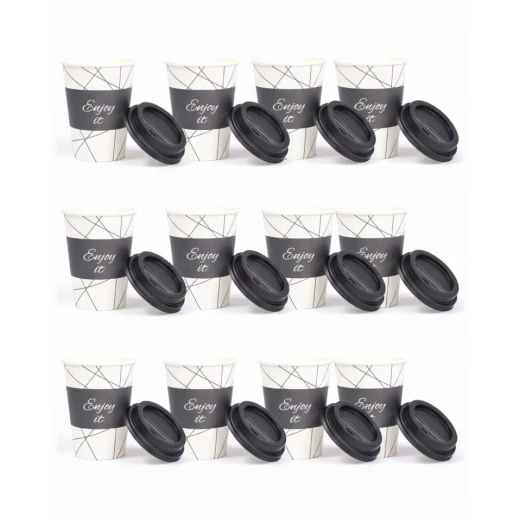 RZ Colored Black Paper Cups 12 oz, 10-Pack with Printed Designs & Matching Lid, Elegant Party & Gathering Cups RZ Colored Black Paper Cups 12 oz, 10-Pack with Printed Designs & Matching Lid, Elegant Party & Gathering Cups