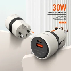 شاحن لدينيو Q2319 سريع USB-C بقوة 30 واط مع توصيل الطاقة، أبيض