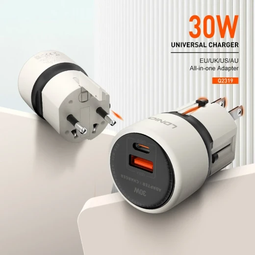 شاحن لدينيو Q2319 سريع USB-C بقوة 30 واط مع توصيل الطاقة، أبيض شاحن لدينيو Q2319 سريع USB-C بقوة 30 واط مع توصيل الطاقة، أبيض