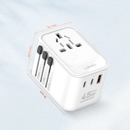 محول طاقة LDNIO Z8 GaN للسفر 45 واط، 3 منافذ USB، مقابس عالمية، شحن سريع - إل دي إن آي أو - Image 3