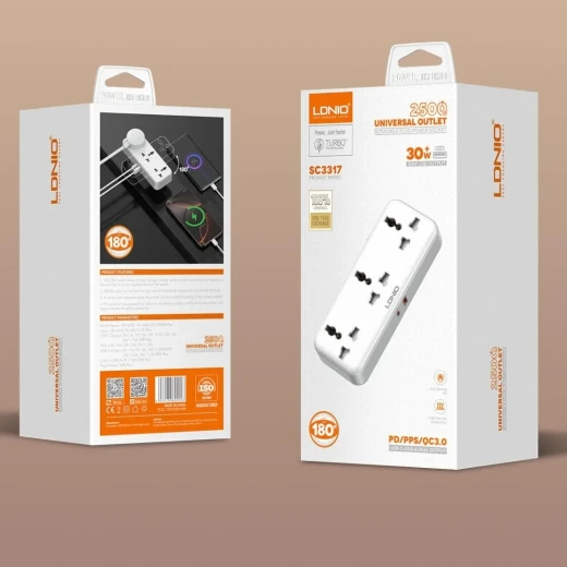 LDNIO SC3317 Portable Power Strip 3 AC Outlets 2 USB Ports 30W Fast Charging - LDNIO - Image 3