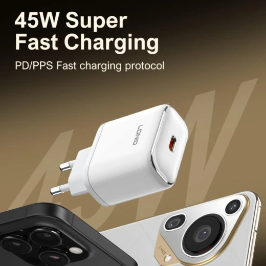 شاحن حائط LDNIO Q1415 USB-C بقوة 45 واط، محول شحن سريع لأجهزة iPhone و iPad وهواتف Android - إل دي إن آي أو - Image 4