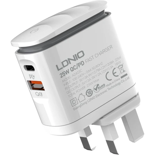LDNIO A2423C 25W Fast Charger PD and QC 3.0 Wall Adapter with Night Lamp UK Plug LDNIO A2423C 25W Fast Charger PD and QC 3.0 Wall Adapter with Night Lamp UK Plug
