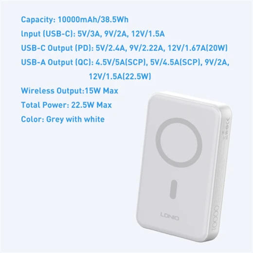 Ldnio PQ16 10000mAh Magnetic Wireless Power Bank with Invisible Stand, 22.5W Fast Charging, White - LDNIO - Image 8
