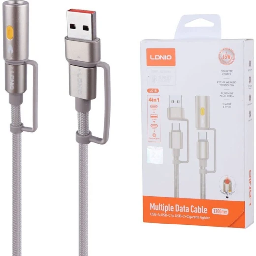 كابل شحن LDNIO LC18 من سلسلة التيتانيوم 4 في 1 للسيارات 65 واط، مضفر 1.2 متر كابل شحن LDNIO LC18 من سلسلة التيتانيوم 4 في 1 للسيارات 65 واط، مضفر 1.2 متر
