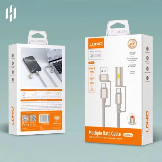 كابل شحن LDNIO LC18 من سلسلة التيتانيوم 4 في 1 للسيارات 65 واط، مضفر 1.2 متر - إل دي إن آي أو - Image 2