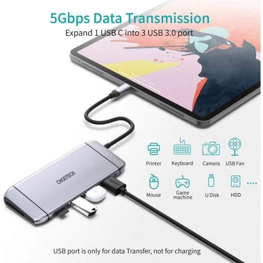 محول تشويتك 9 في 1 USB-C متعدد الوظائف، HDMI 4K، VGA، USB 3.0، قارئ بطاقات SD/TF، RJ45، رمادي - تشويتك - Image 4