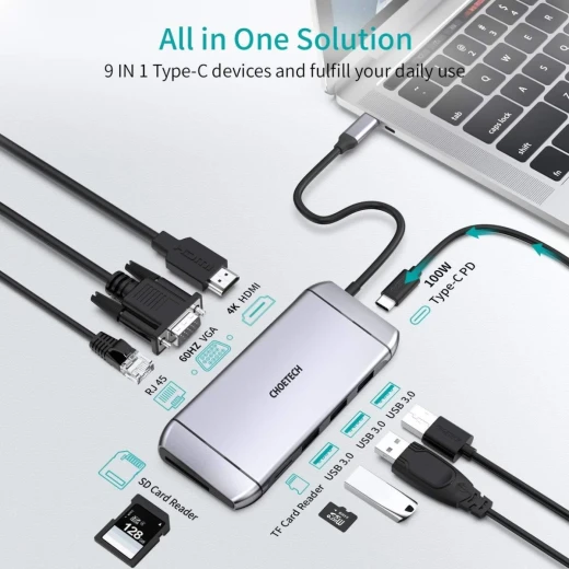 محول تشويتك 9 في 1 USB-C متعدد الوظائف، HDMI 4K، VGA، USB 3.0، قارئ بطاقات SD/TF، RJ45، رمادي - تشويتك - Image 5