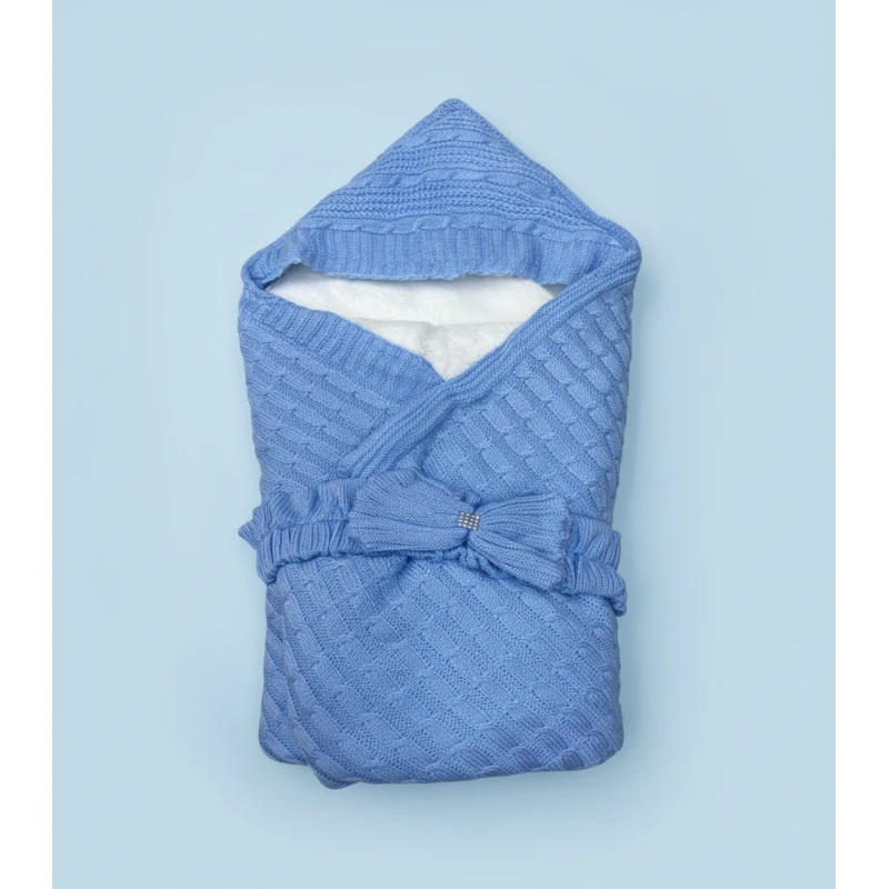 Blue Knitted Baby Swaddle Blanket with Hood & Bow – Soft Fleece Lining, Newborn Wrap/Carry Cot for Stroller, Crib & Special Occasions