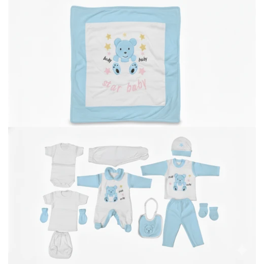 Star Baby 10-Piece Newborn Gift Set – Soft Blue & White Cotton Outfit Set with Blanket, Romper, Hat, Mittens & Booties for Baby Shower Gift Star Baby 10-Piece Newborn Gift Set – Soft Blue & White Cotton Outfit Set with Blanket, Romper, Hat, Mittens & Booties for Baby Shower Gift