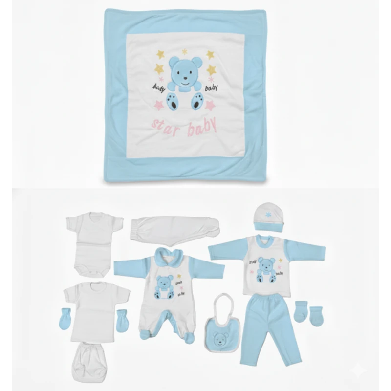 Star Baby 10-Piece Newborn Gift Set – Soft Blue & White Cotton Outfit Set with Blanket, Romper, Hat, Mittens & Booties for Baby Shower Gift
