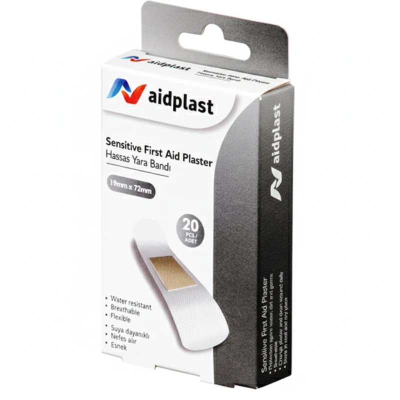 لاصقات الإسعافات الأولية الحساسة من Aidplast، 20 قطعة، لون أبيض، 19 مم × 72 مم، مضادة للحساسية - إيد بلاست