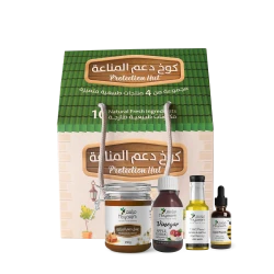 مجموعة الحماية، تتضمن 4 منتجات: عسل لتقوية المناعة 250 غرام، قطرات البروبوليس 35 مل، زيت حبة البركة 50 مل، خل طبيعي من الثوم والتفاح والزنجبيل 100 مل. يدعم المناعة، ويخفف من أعراض الإنفلونزا، ويعزز الطاقة الذهنية والبدنية من مياسم