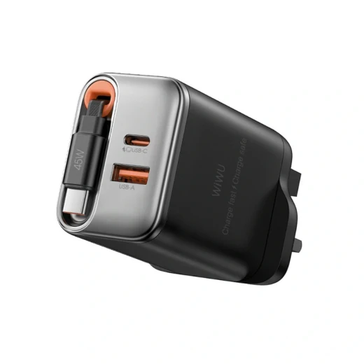شاحن وي وو السريع بتقنية GaN بقدرة 67 واط مع كابل من النوع C قابل للسحب، ومنفذي USB-C وUSB-A، وتقنية الشحن السريع متعدد البروتوكولات PD للهواتف والأجهزة اللوحية وأجهزة الكمبيوتر المحمولة - وي وُو - Image 2